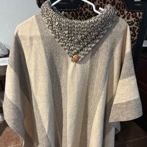 Vintage Wool Striped Knit Poncho with Button Detail